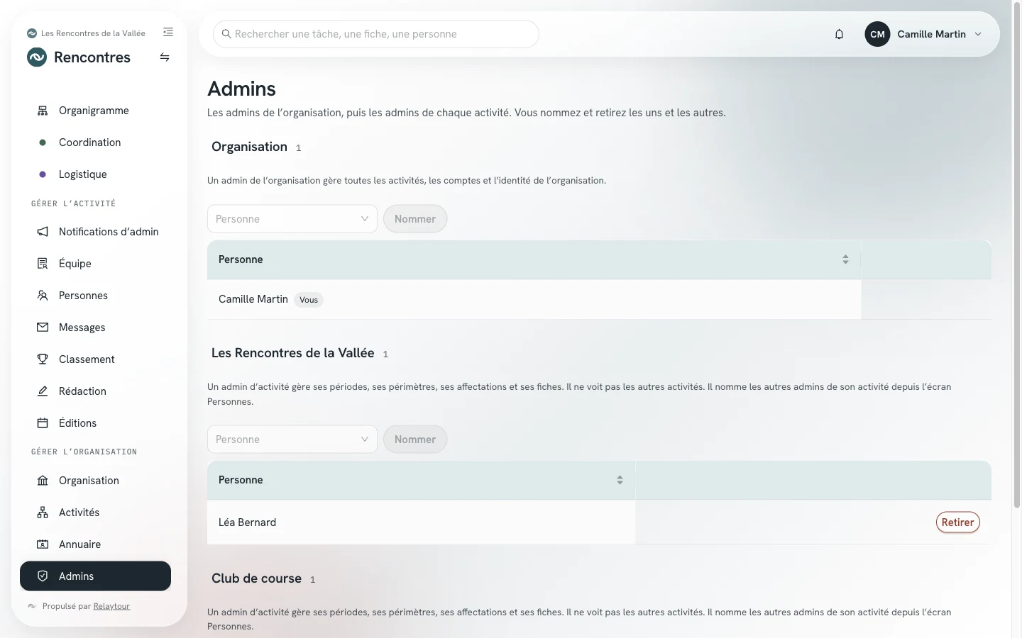 Écran Admins : le bloc de l'organisation avec son admin, puis un bloc par activité avec ses admins et le bouton Retirer.