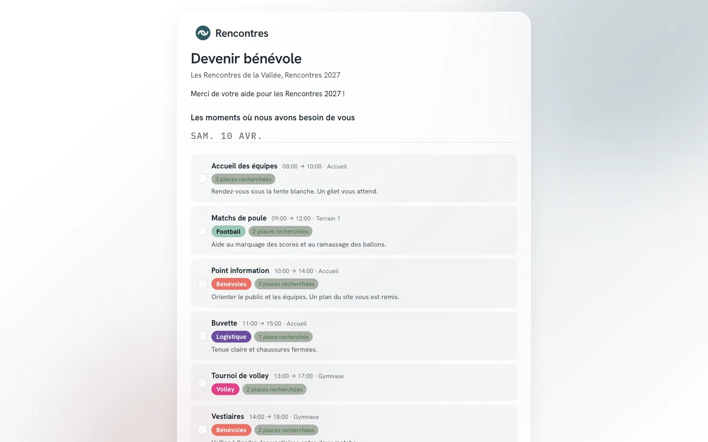 Page publique Devenir bénévole : les séquences du samedi, chacune avec son horaire, son lieu, son périmètre, ses places recherchées et ses consignes.