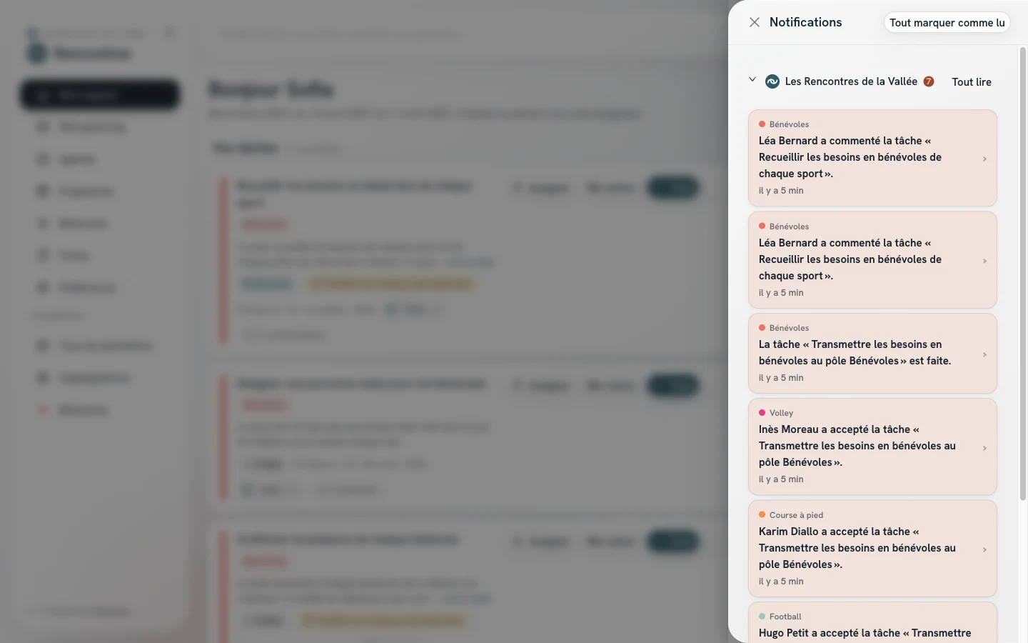 Tiroir de la cloche : les notifications rangées par activité, avec le périmètre au-dessus de chaque texte.