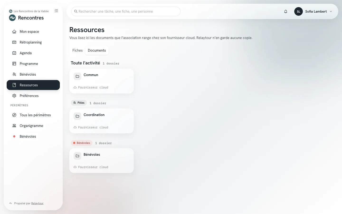 Vue Documents de l'écran Ressources : le dossier Commun lu par toute l'activité, le dossier Coordination lu par le groupe Pôles, puis le dossier du périmètre Bénévoles.