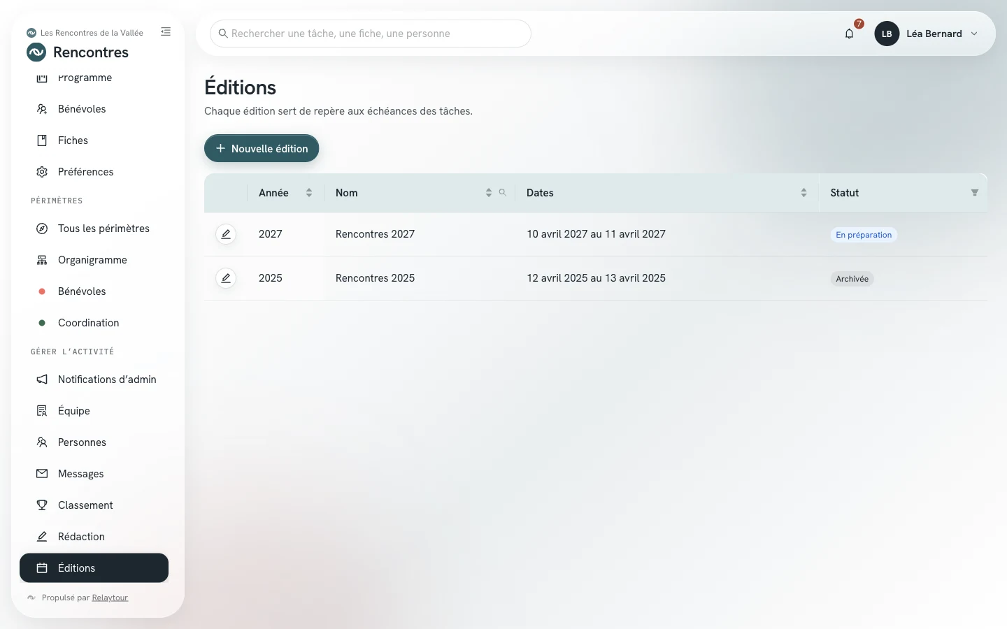 Écran Éditions : la liste des éditions, avec une édition en préparation et une édition archivée.