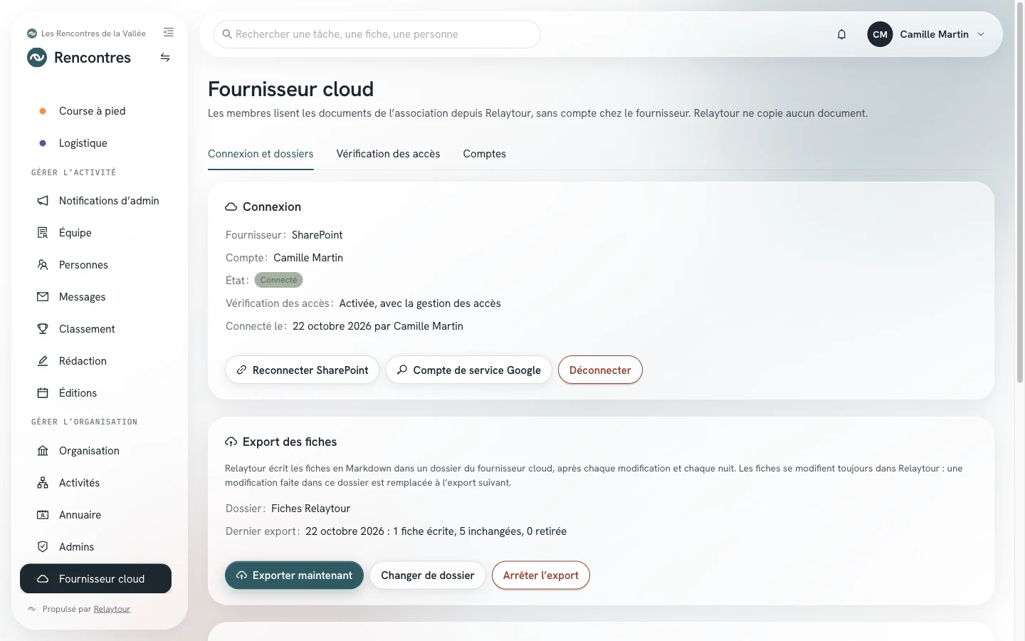 Page Fournisseur cloud, onglet Connexion et dossiers : le panneau Connexion avec le fournisseur, le compte, l'état et la vérification des accès, puis le panneau Export des fiches.