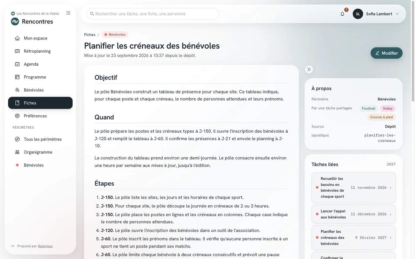 Une fiche méthode : l'objectif, le calendrier, les étapes, et les tâches liées à droite.
