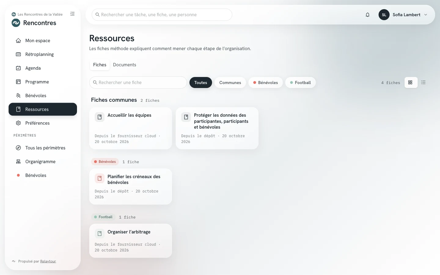 Écran Ressources : les fiches groupées par périmètre, affichées en cartes.