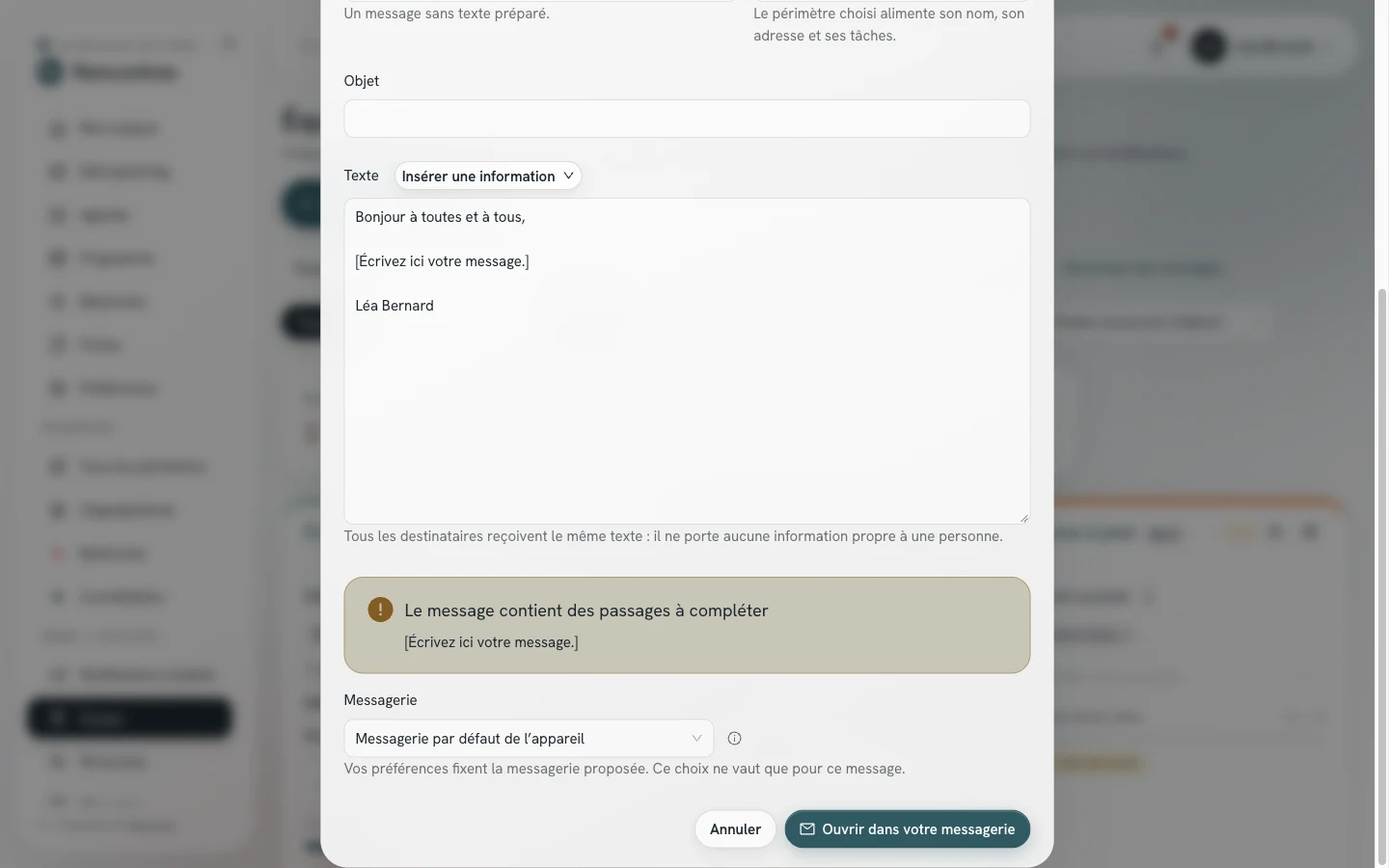 Fenêtre Écrire un message : le champ Messagerie, au-dessus du bouton Ouvrir dans votre messagerie.
