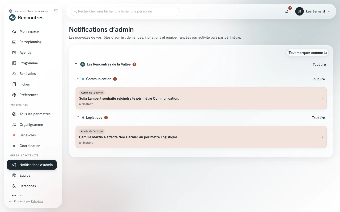 Écran Notifications d'admin : une activité, puis le groupe Toute l'activité et un groupe par périmètre, chacun avec son nombre de non lues.