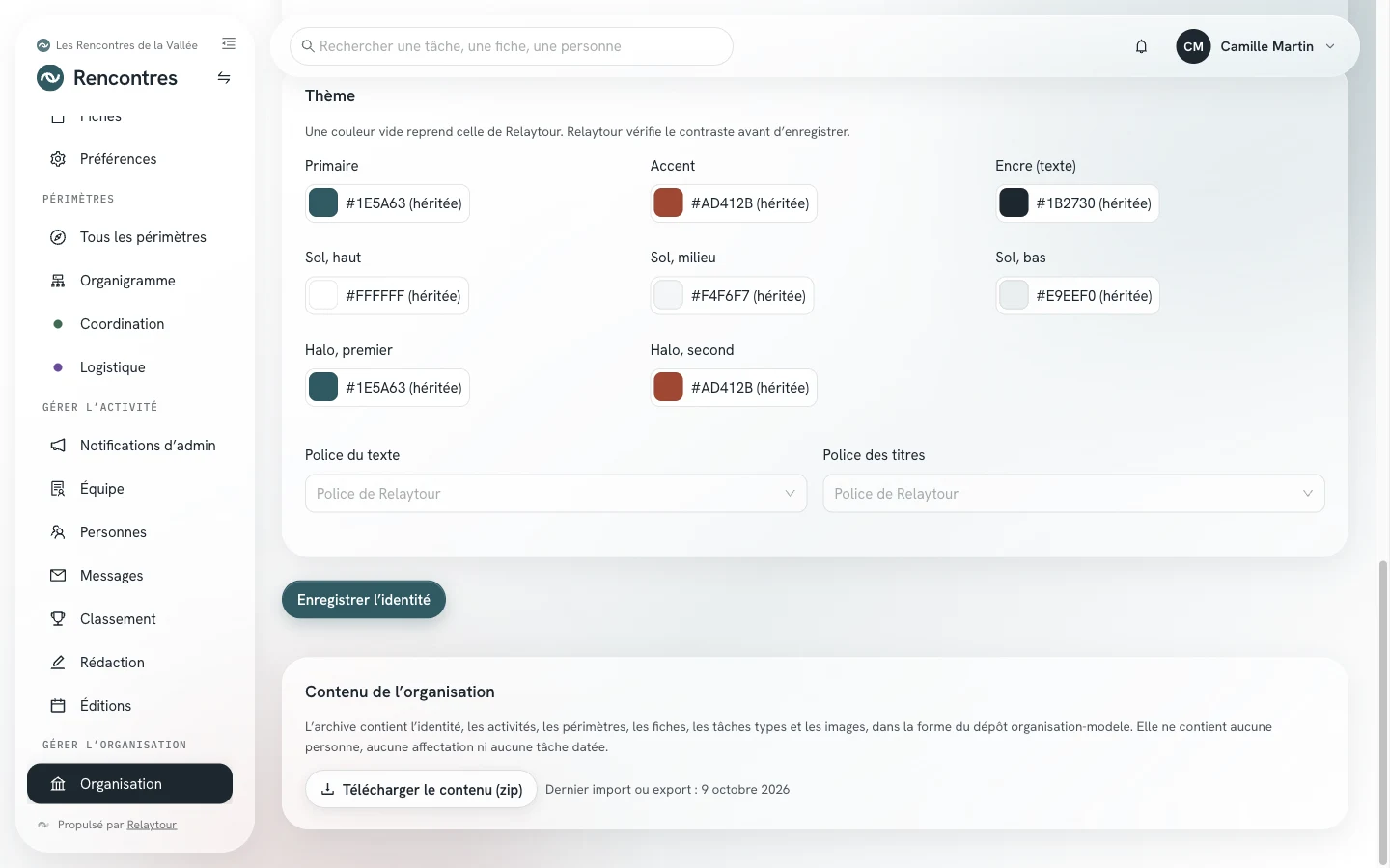 Bas de la page Organisation : le thème et le panneau Contenu de l'organisation, avec le bouton de téléchargement.