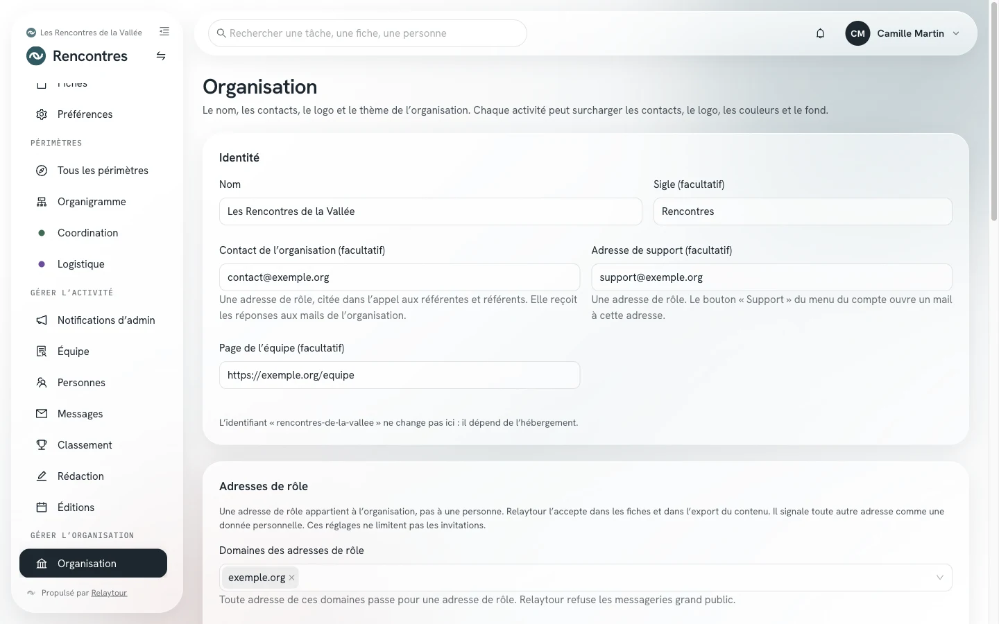 Page Organisation : les panneaux Identité et Adresses de rôle.