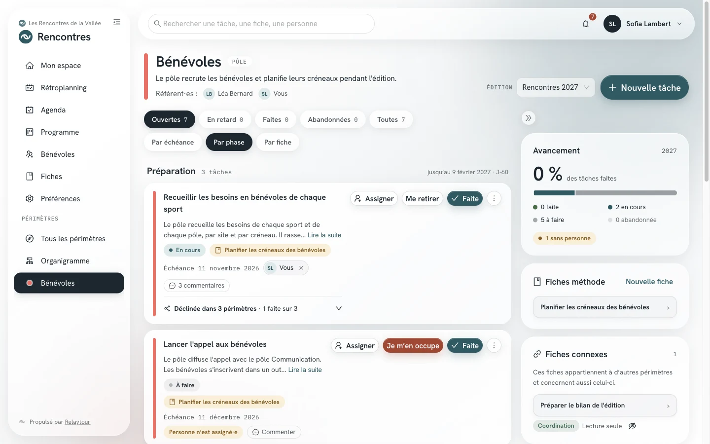 Page d'un périmètre regroupée par phase : une section par phase, avec son nombre de tâches et ses jours.