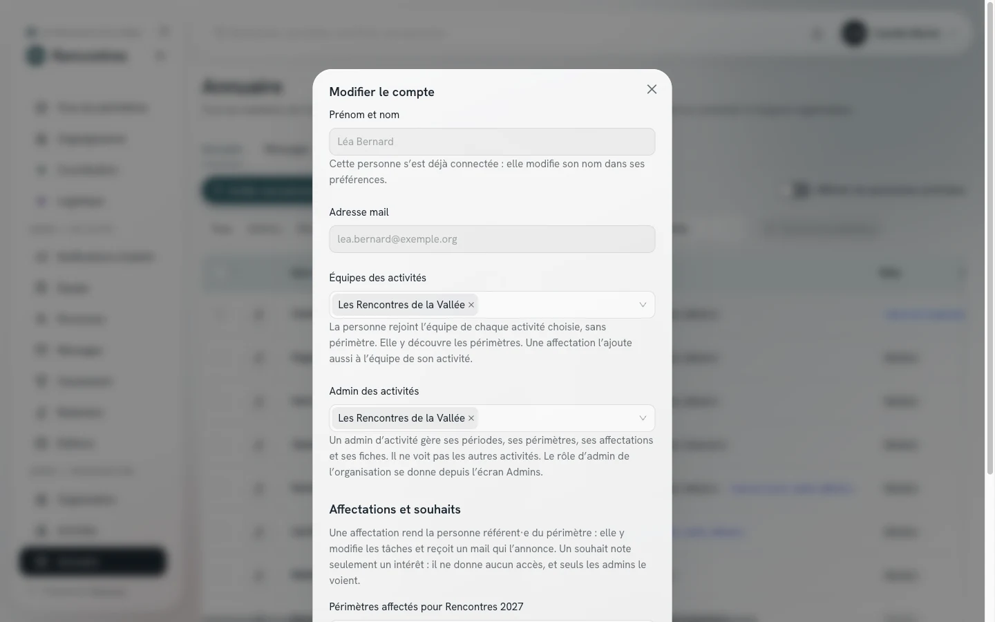 Fenêtre Modifier le compte : le nom, l'adresse, les activités administrées, les périmètres affectés et les périmètres souhaités.