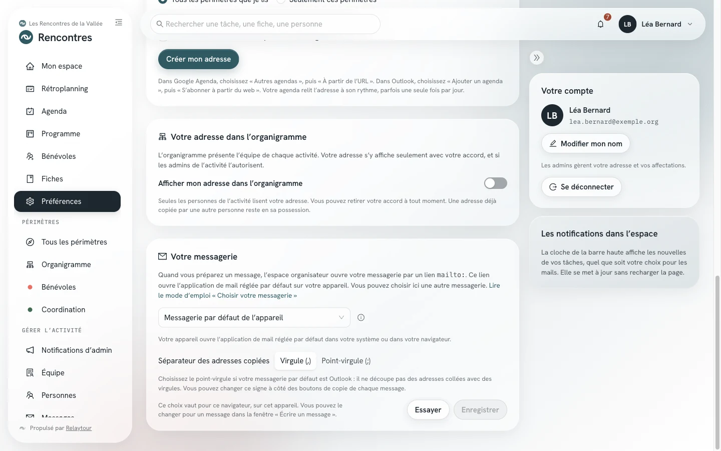 Écran Préférences d'une admin : le panneau Votre messagerie, avec le sélecteur, le bouton Essayer et le bouton Enregistrer.