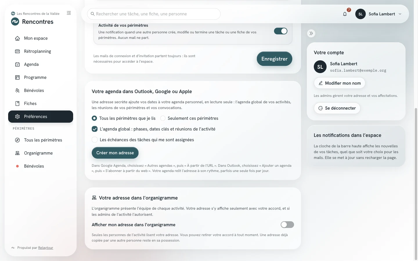 Panneau Votre adresse dans l'organigramme : l'interrupteur qui accepte l'affichage de votre adresse.