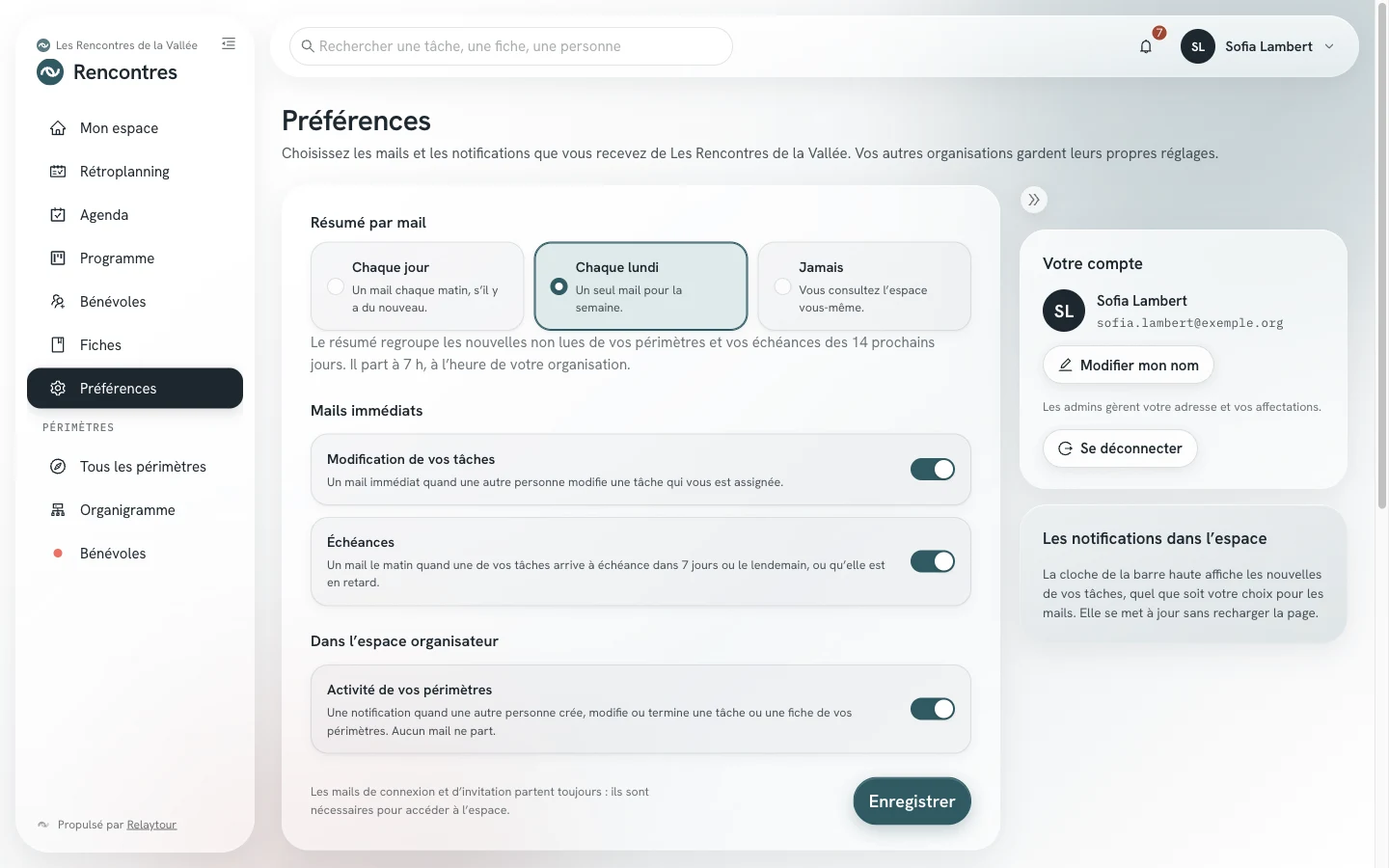 Écran Préférences : le choix du résumé par mail, les réglages des mails immédiats et celui des notifications de vos périmètres.