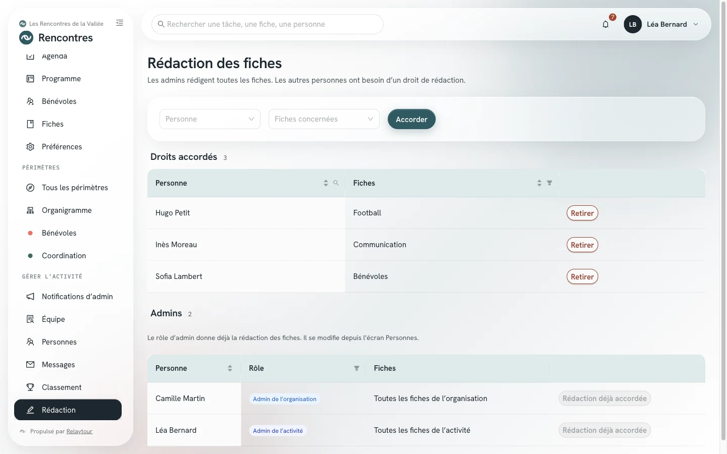 Écran Rédaction des fiches : le formulaire d'attribution, la liste des droits accordés et la liste des admins.