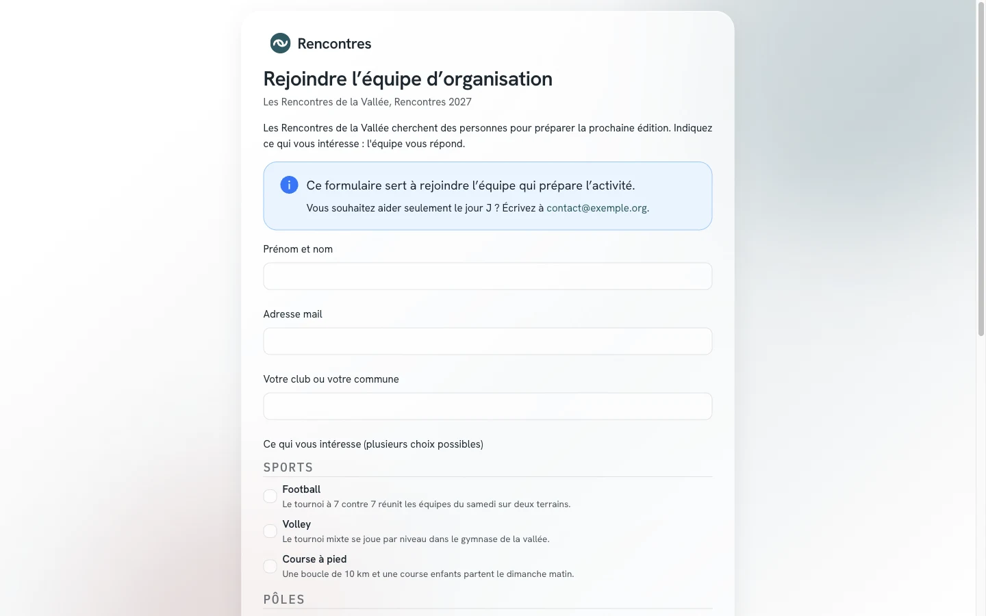 Formulaire public pour rejoindre l'équipe : le nom, l'adresse, une question complémentaire et les périmètres de l'activité avec leur description.