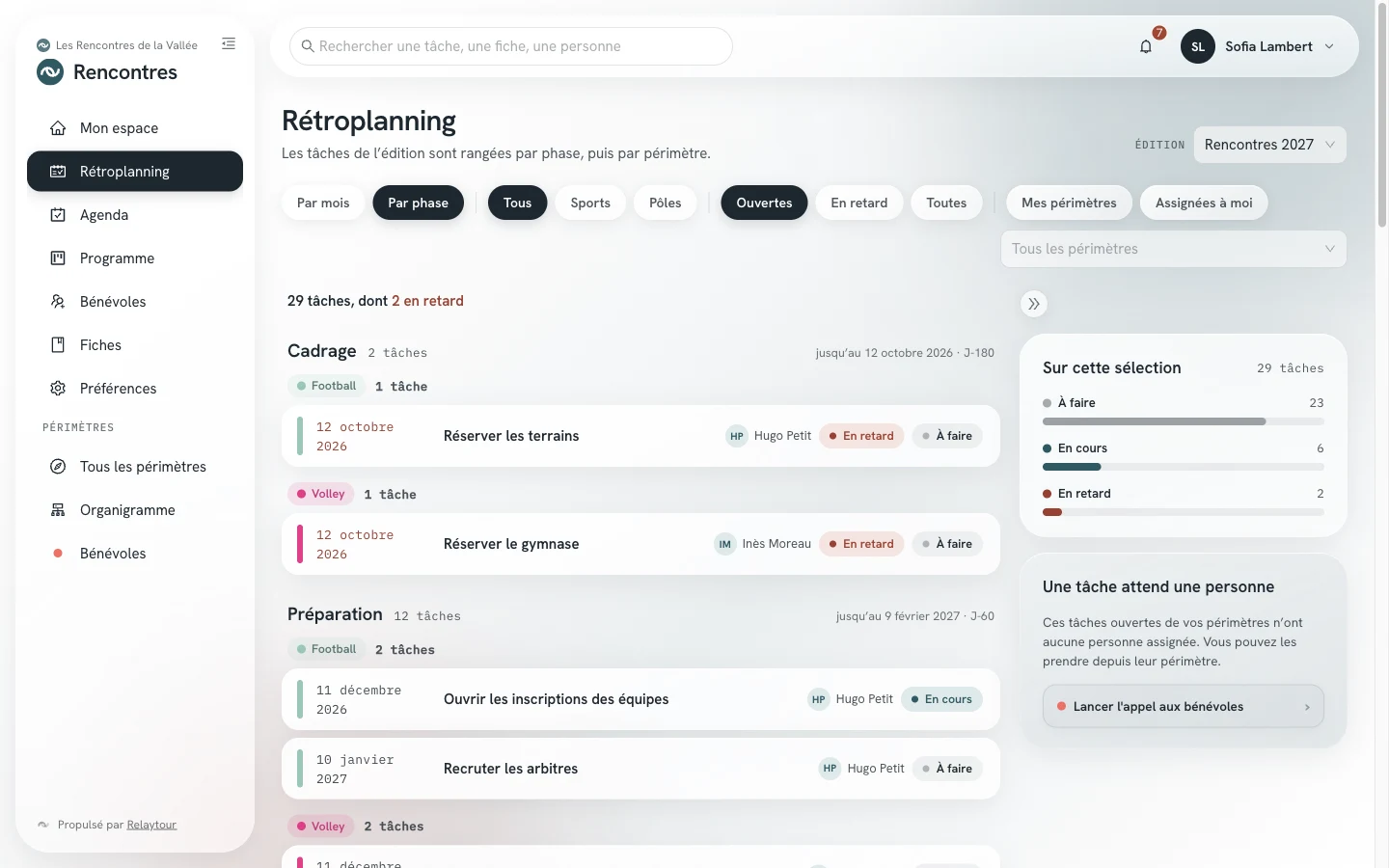 Écran Rétroplanning regroupé par phase : une section par phase avec ses jours, et un sous-titre par périmètre.
