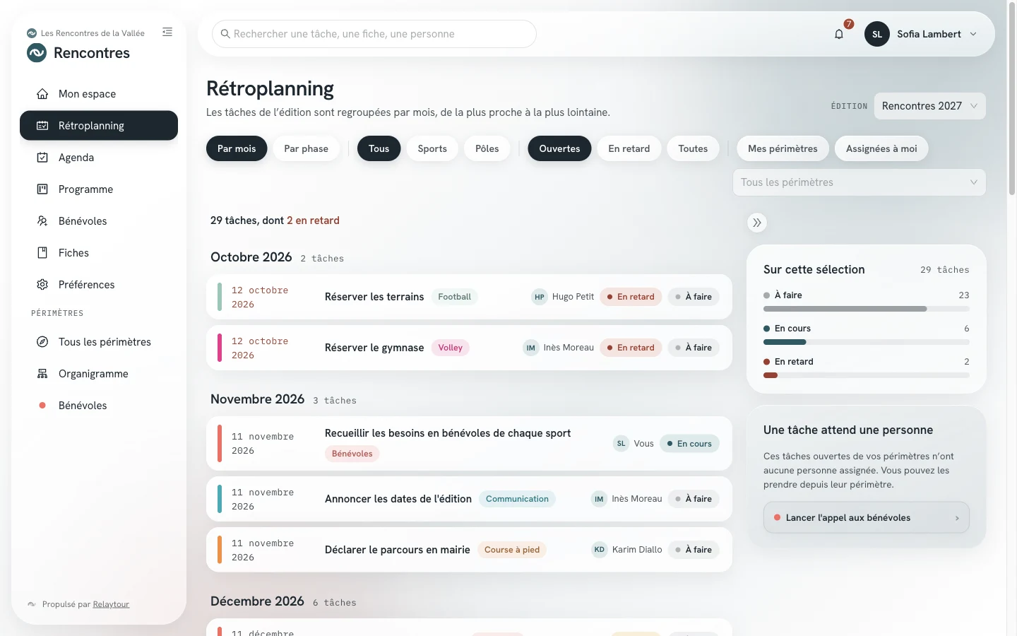Écran Rétroplanning : les tâches regroupées par mois, avec les filtres et le récapitulatif de la sélection.