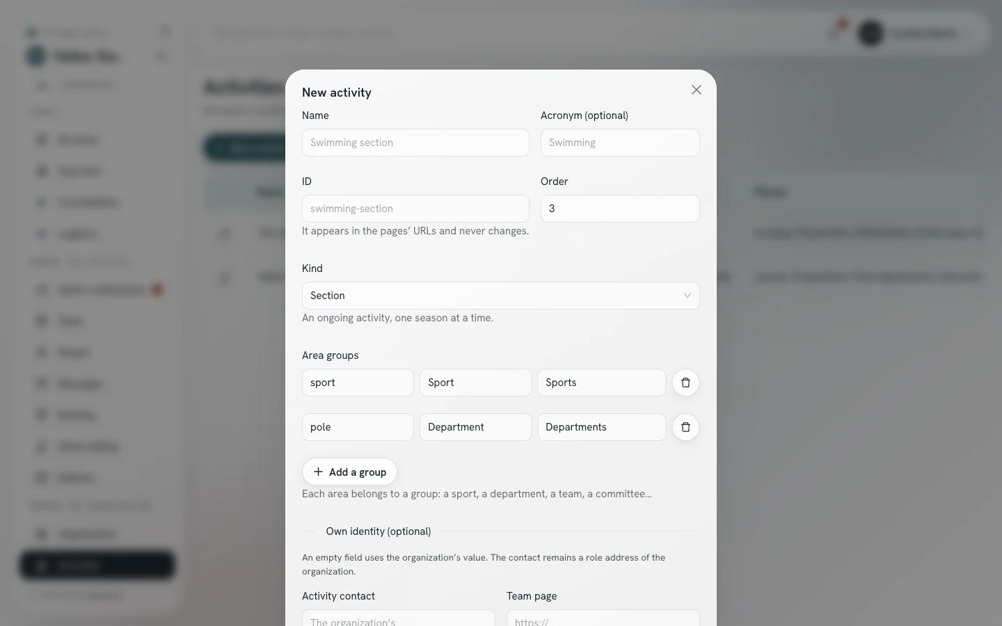 New activity window: the name, the identifier, the kind and the area groups.