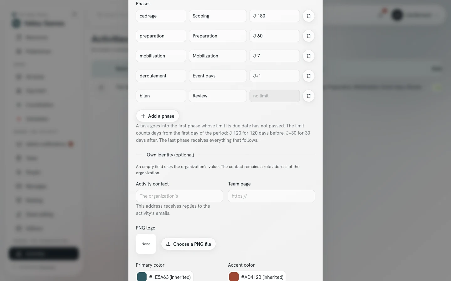 Edit the activity window: the list of phases, with the key, the label, and the last day of each phase.