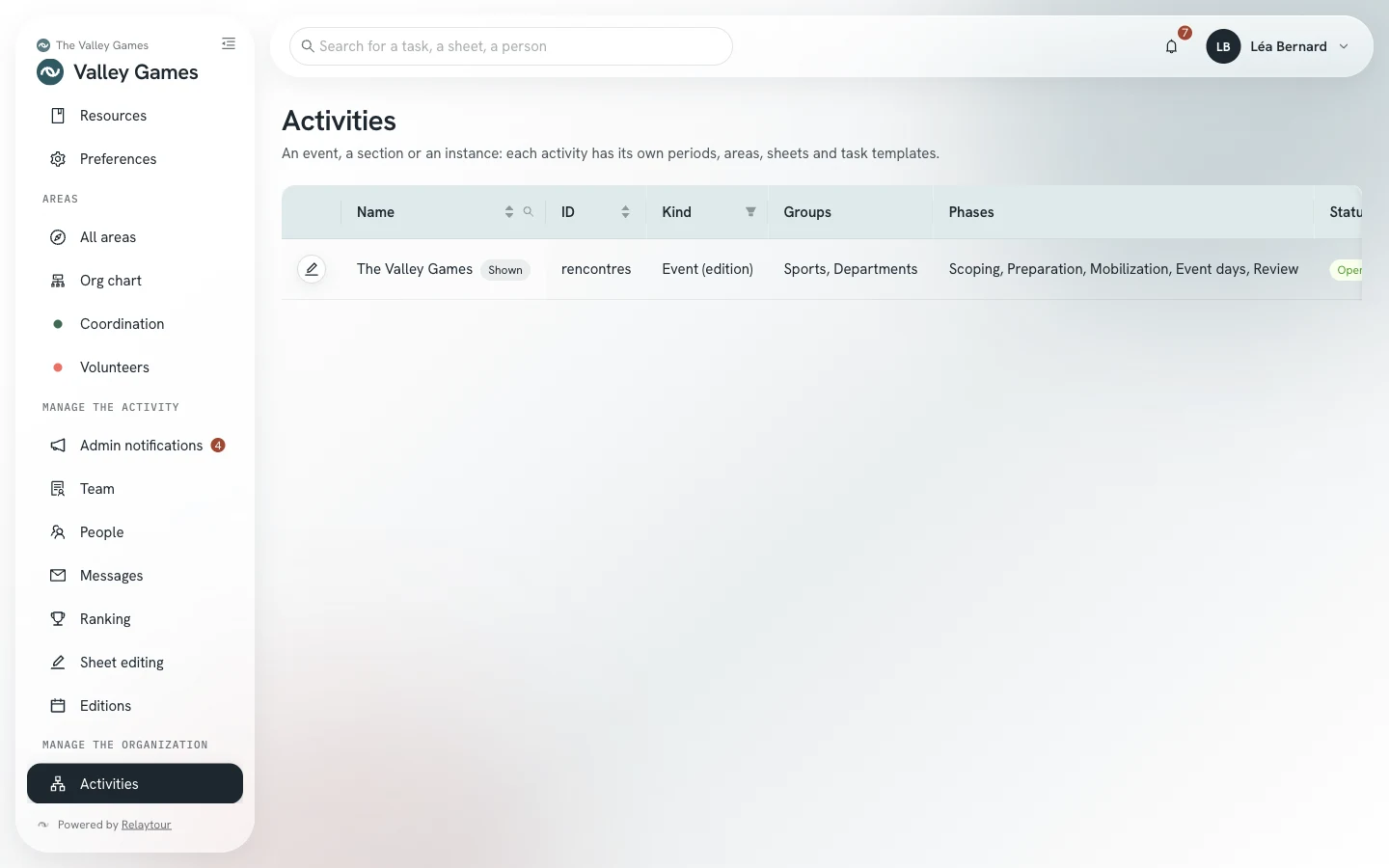 Activities screen: the administered activity, with its ID, its kind, its groups, and its status.