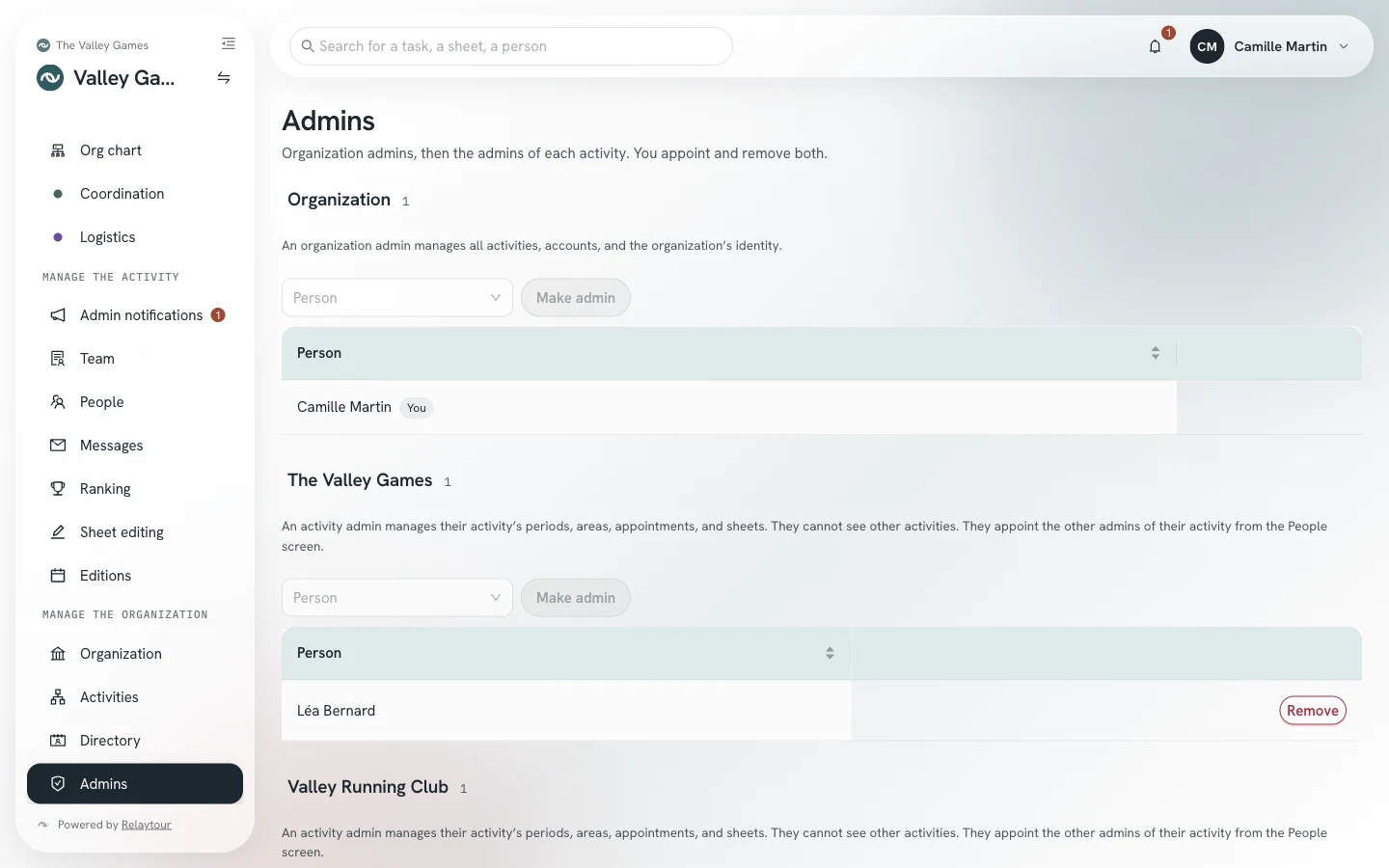 Admins screen: the organization block with its admin, then one block per activity with its admins and the Remove button.