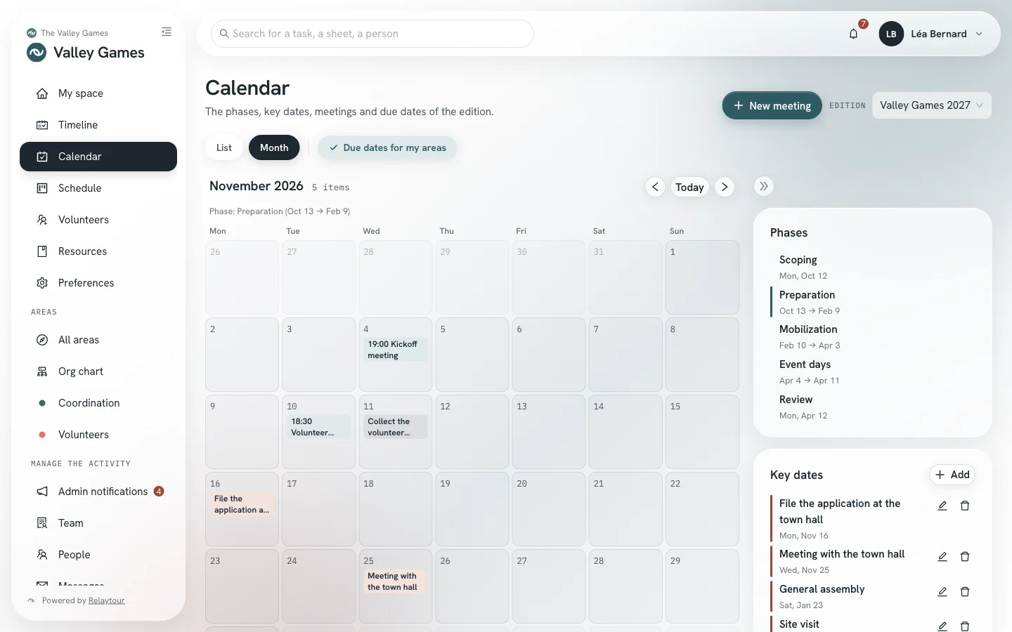 Calendar screen in Month view: the month grid with the key dates, and the editable key dates on the right.