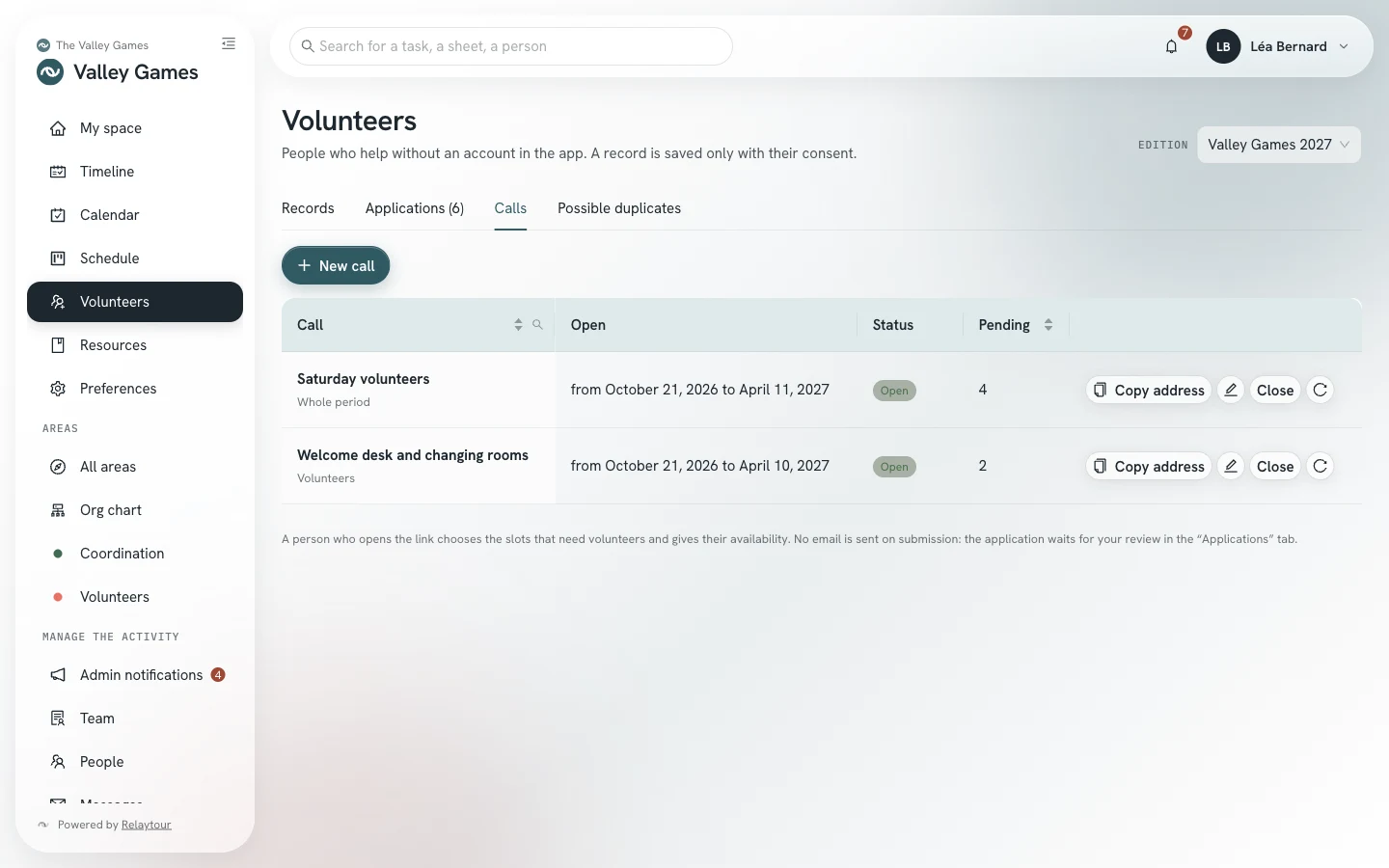 Calls tab: two open calls, their dates, their state, the number of pending applications, and the Copy address and Close buttons.
