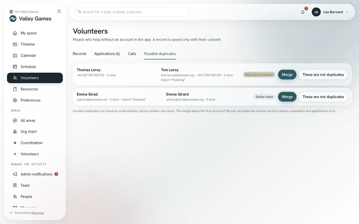 Possible duplicates tab: two pairs of fictional records, one with the same phone number, the other with a similar name, each with the Merge and These are not duplicates buttons.
