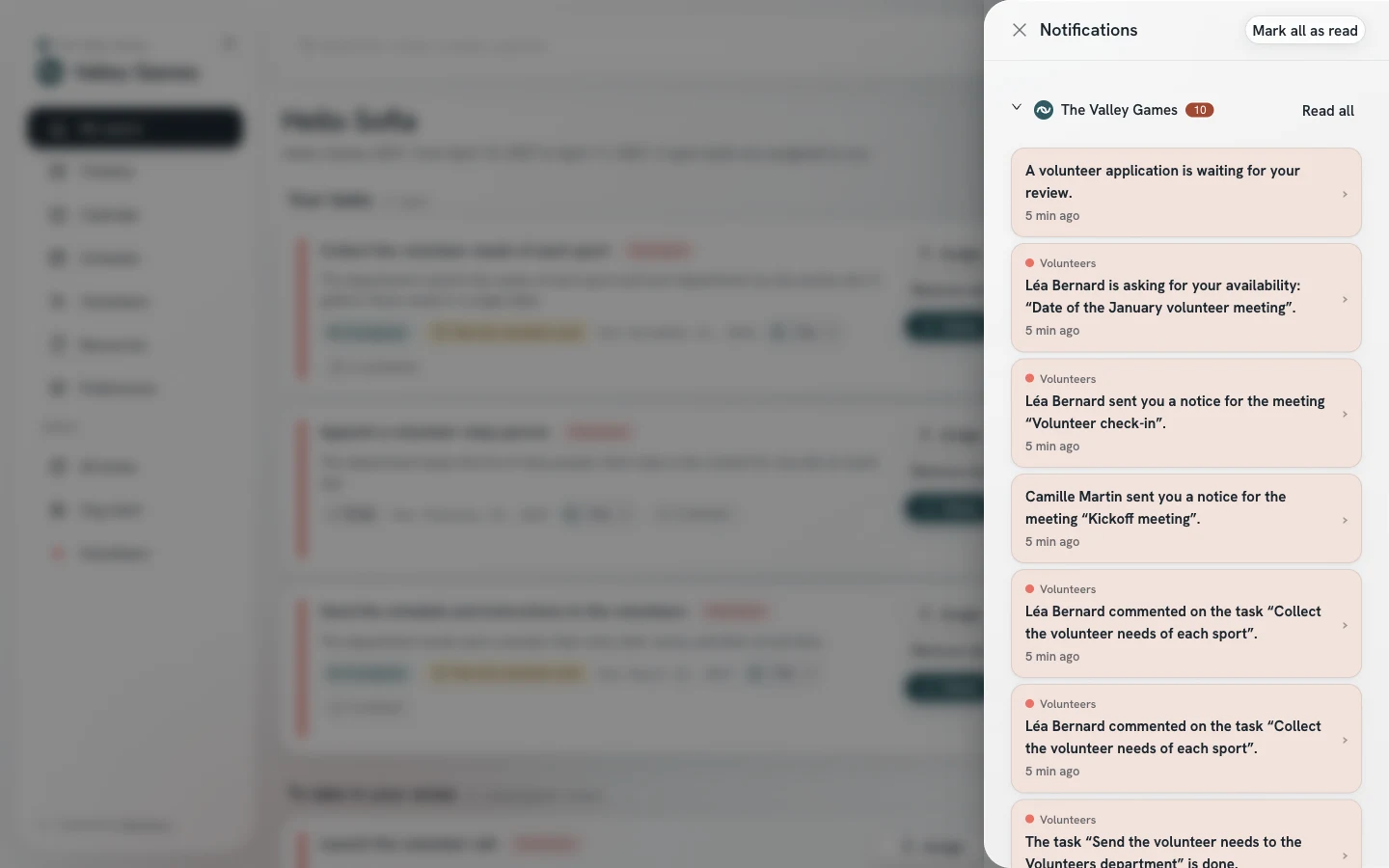 Bell drawer: the notifications sorted by activity, with the area above each text.