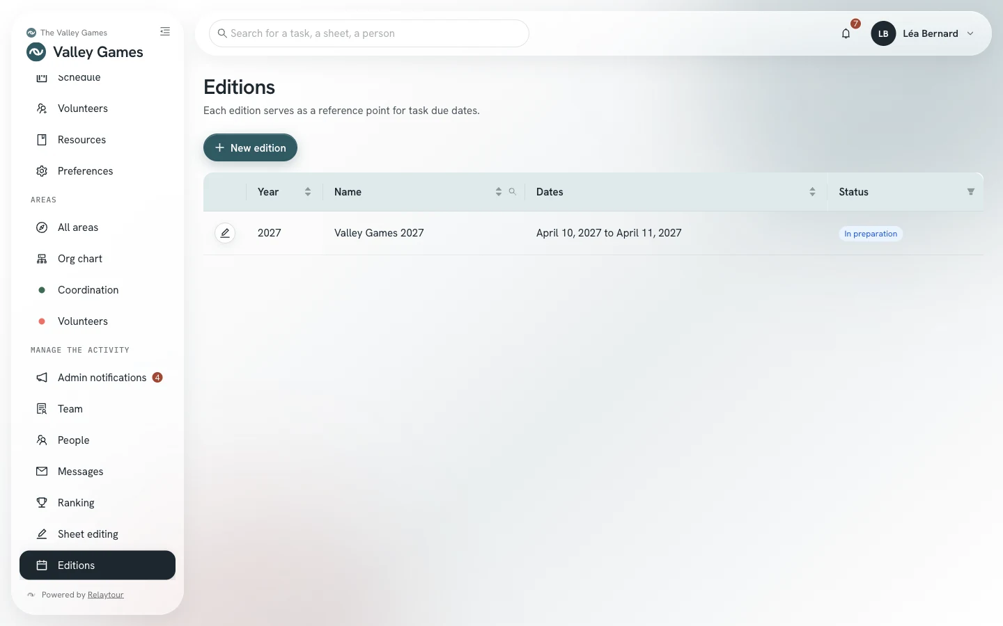 Editions screen: the list of editions, with one edition in preparation and one archived edition.