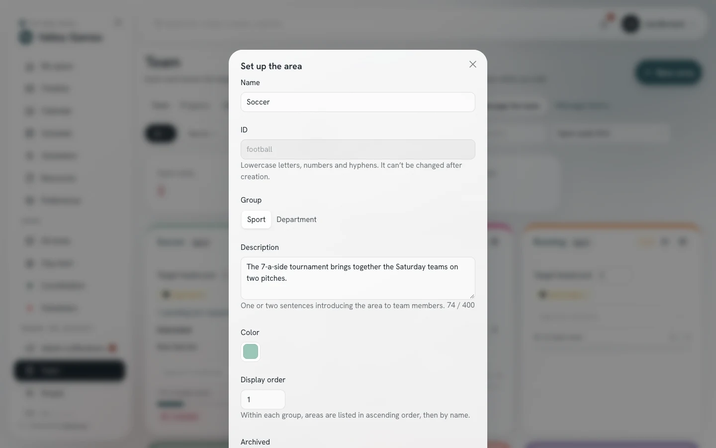 Area settings window: name, ID, group, description, color, order, and archiving.