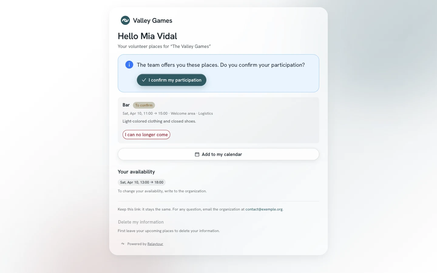 Volunteer page: an unconfirmed place at the refreshment stand, the I confirm my participation button, Add to my calendar, I can no longer come, and the person’s availability.