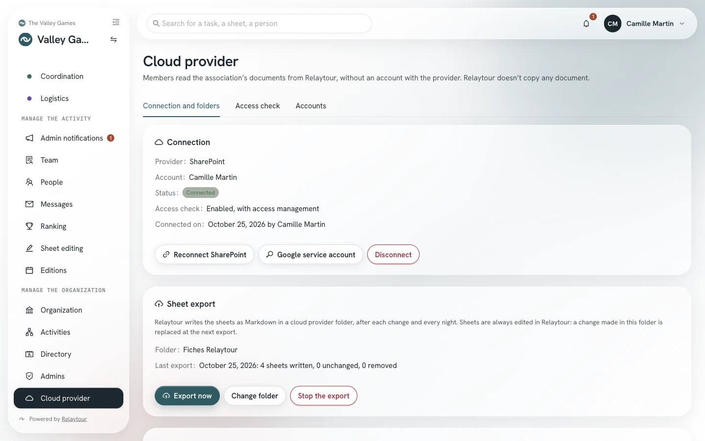 Cloud provider page, Connection and folders tab: the Connection panel with the provider, the account, the status and the access check, then the Sheet export panel.