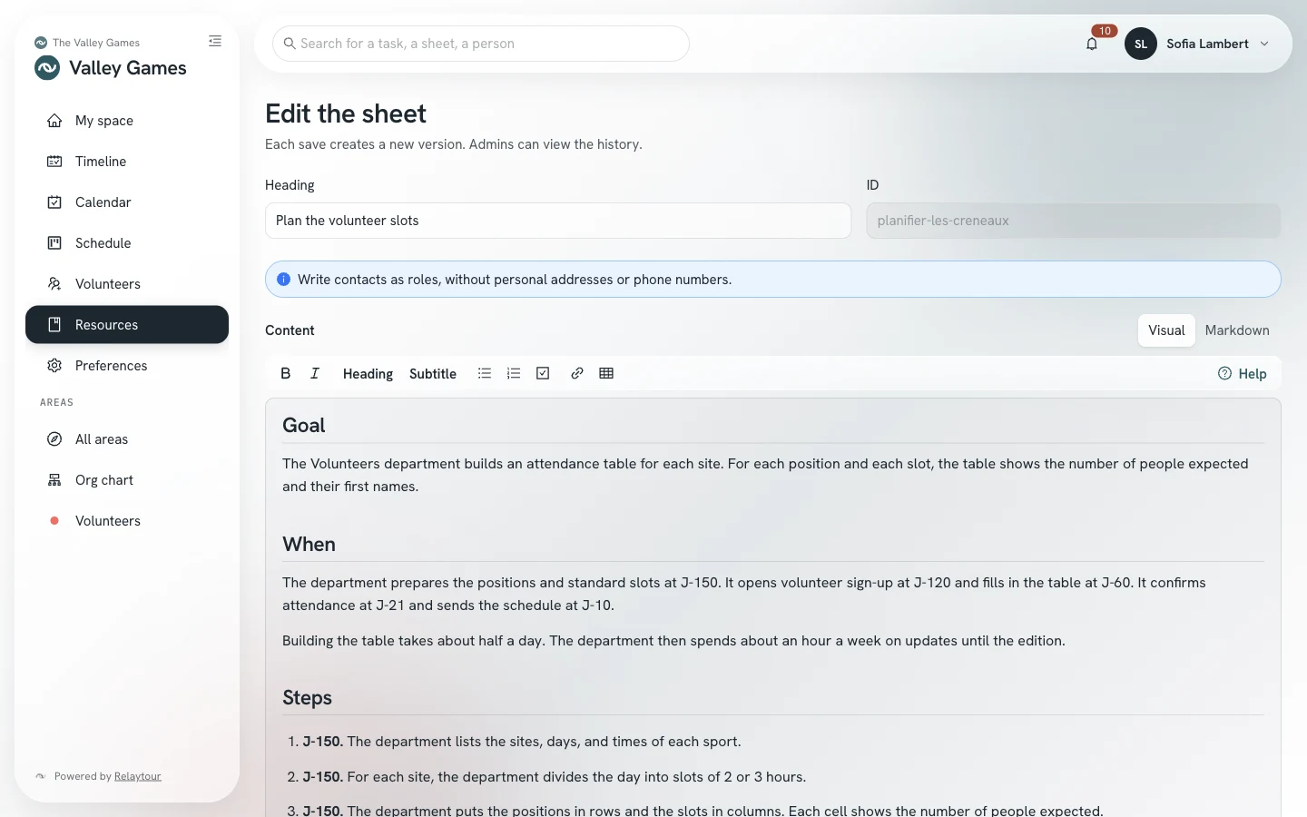 Sheet editor in visual mode: the title, the identifier, then the formatting bar above the text.