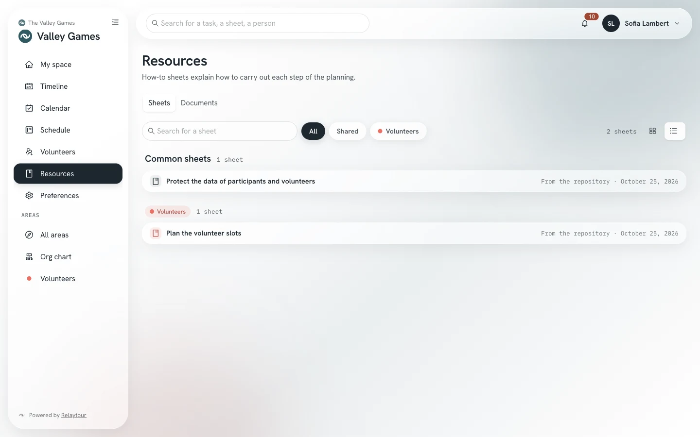 Resources screen as a condensed list: one line per sheet, with its source and its update date.