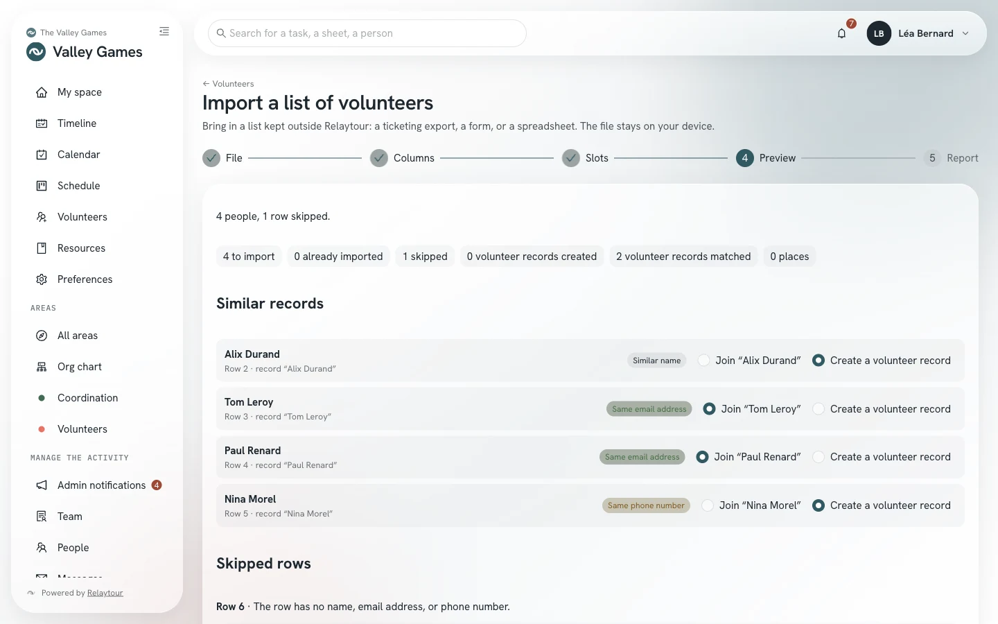 Preview step of the import: four people to import, one row set aside, two records joined, then similar records with the choice Join or Create a volunteer record.