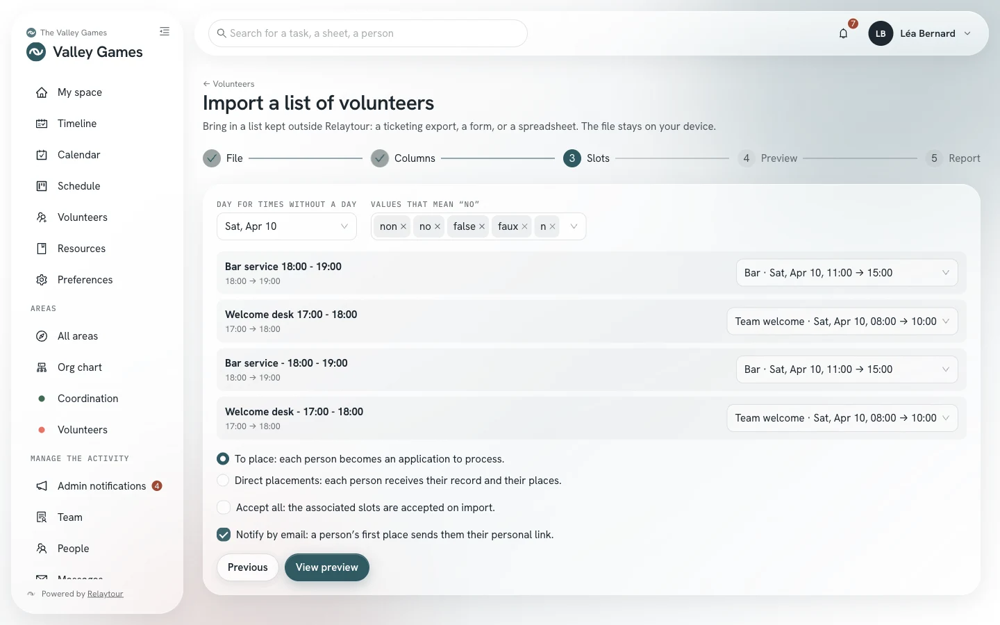Slots step of the import: the file’s positions with their times, each matched to a schedule slot, and the choice between To place and Direct placements.