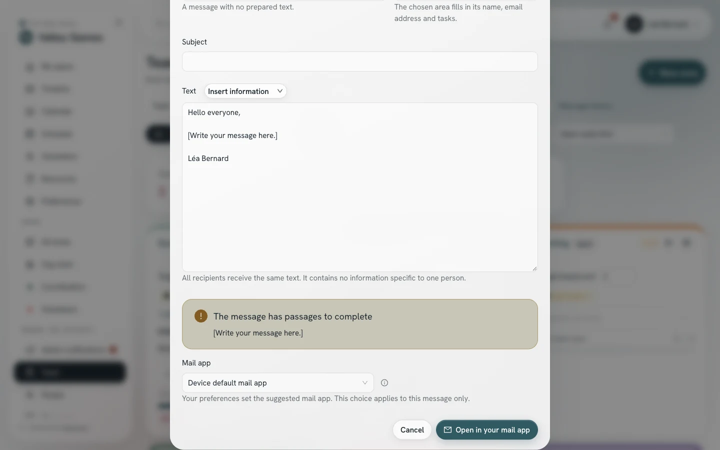 Write a message window: the Mail app field, above the Open in your mail app button.