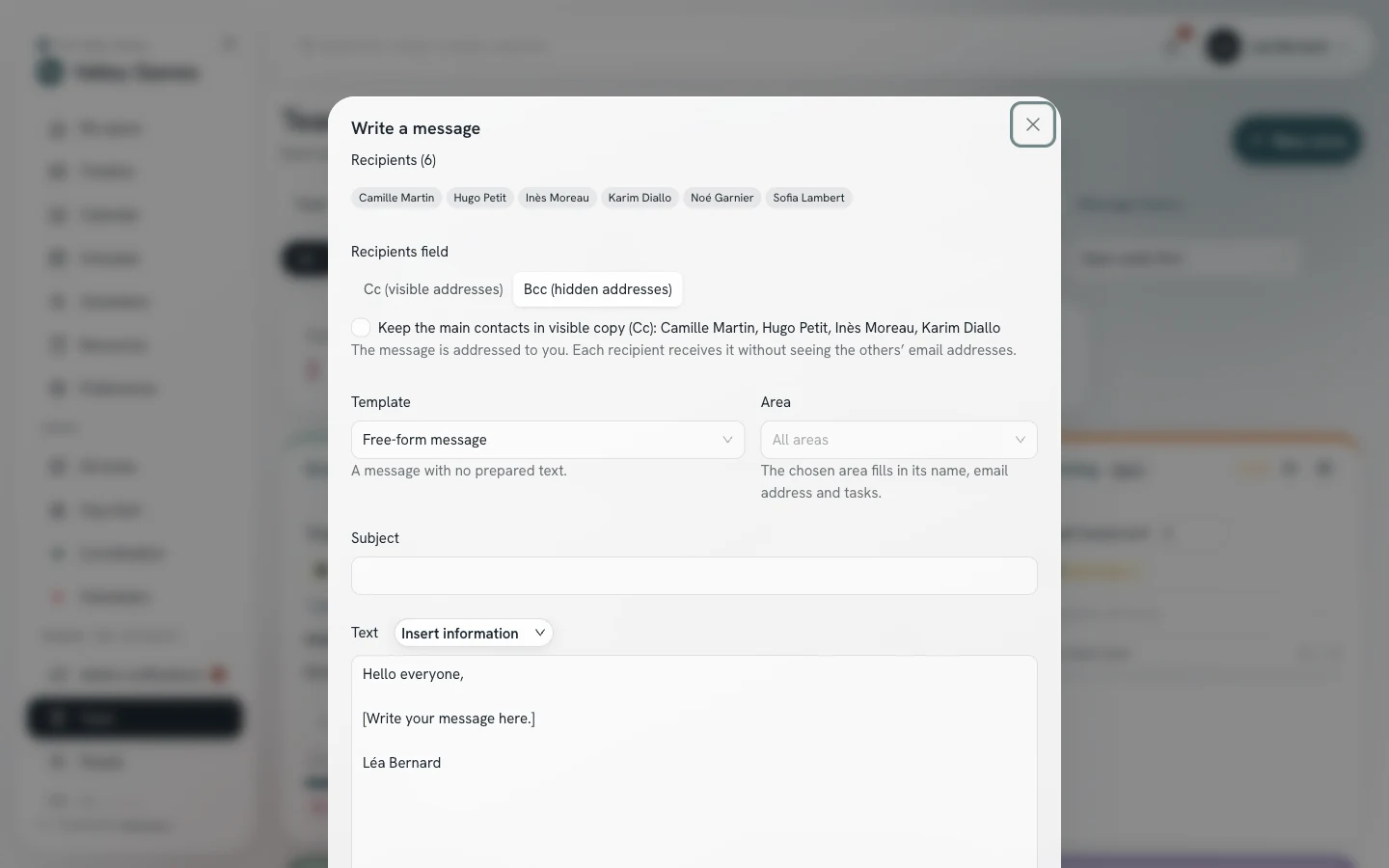 Write a message window: the recipients, the choice between Cc and Bcc, the template, the area, the subject, and the text.