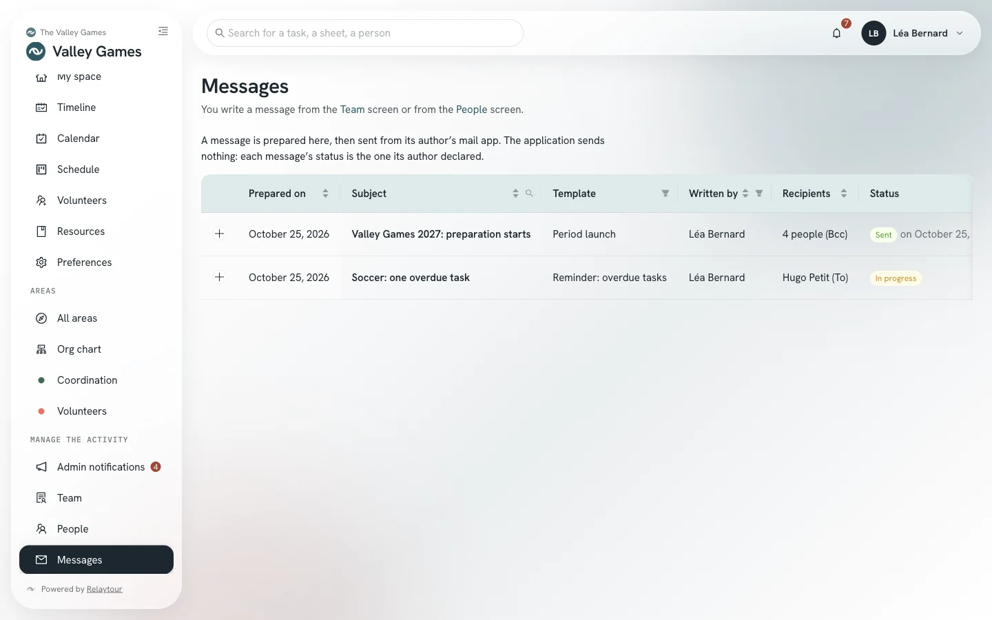Messages screen: two messages with their date, subject, template, author, recipients, and status.