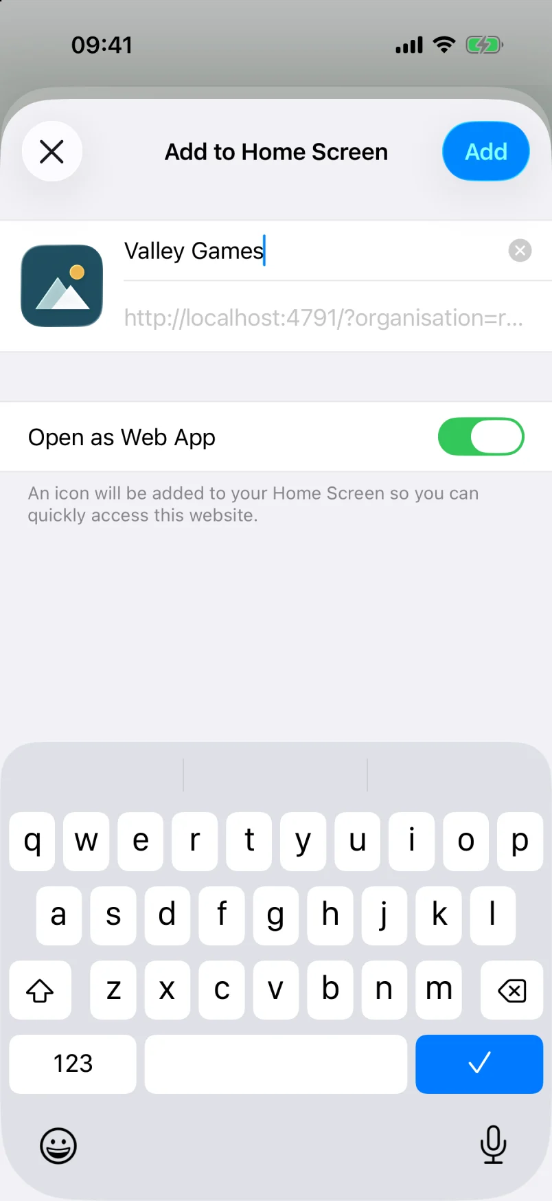 The Add to Home Screen window: the organization’s icon and name, the Open as Web App option turned on and the Add button.