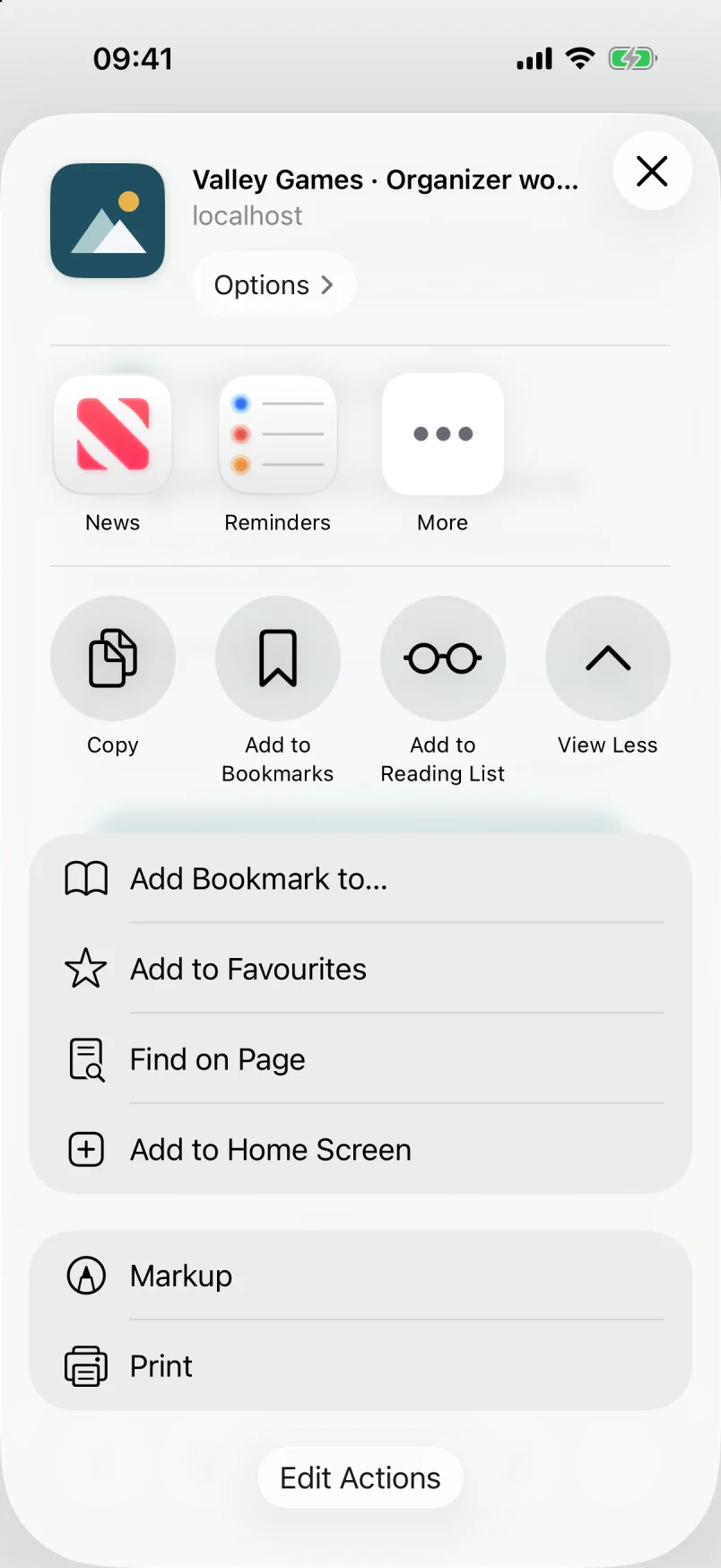 Safari’s share sheet, expanded: the Add to Home Screen entry is in the list.