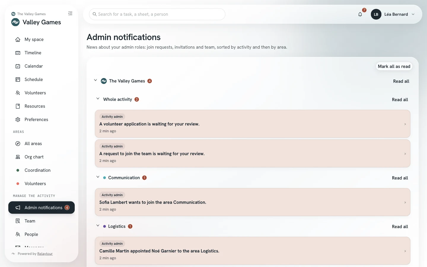 Admin notifications screen: one activity, then the Whole activity group and one group per area, each with its count of unread notifications.