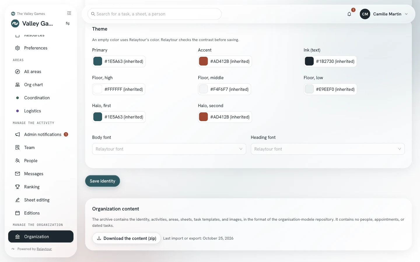 Bottom of the Organization page: the theme and the Organization content panel, with the download button.