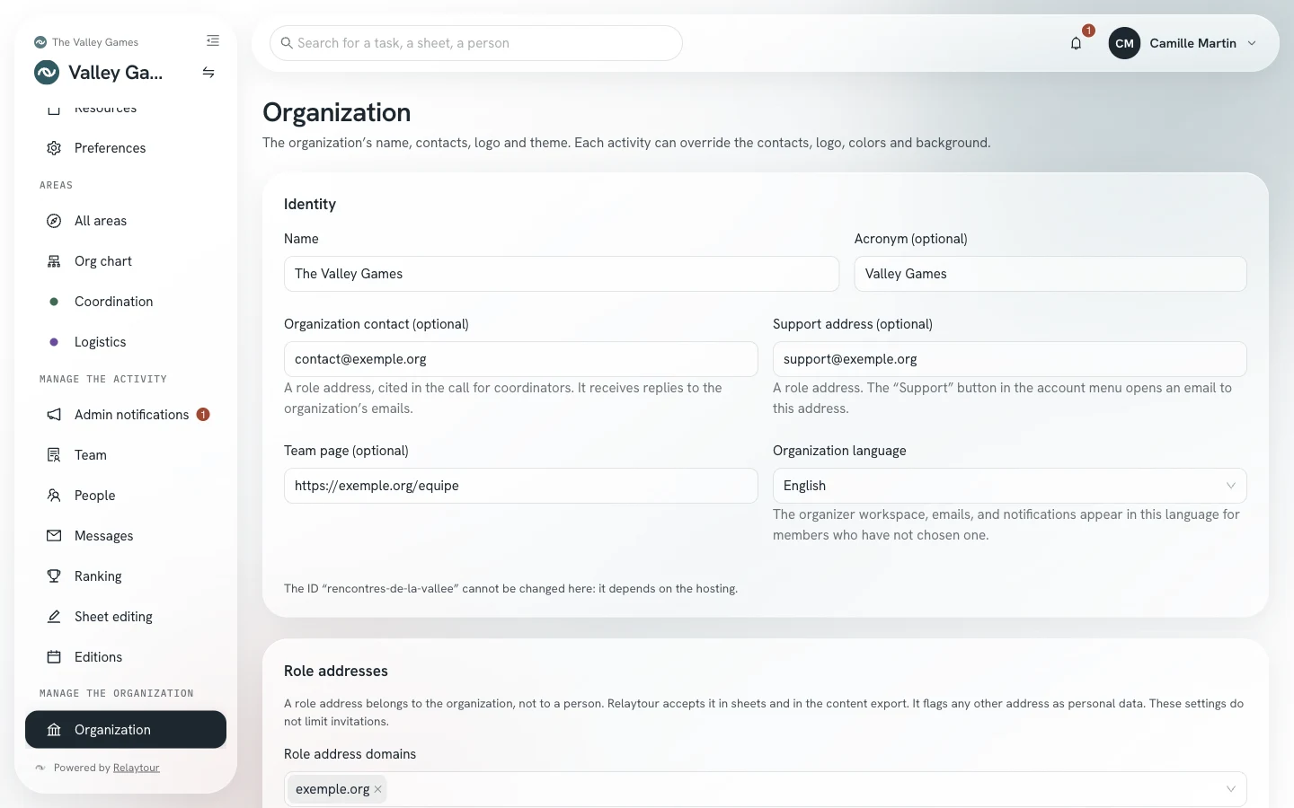 Organization page: the Identity and Role addresses panels.