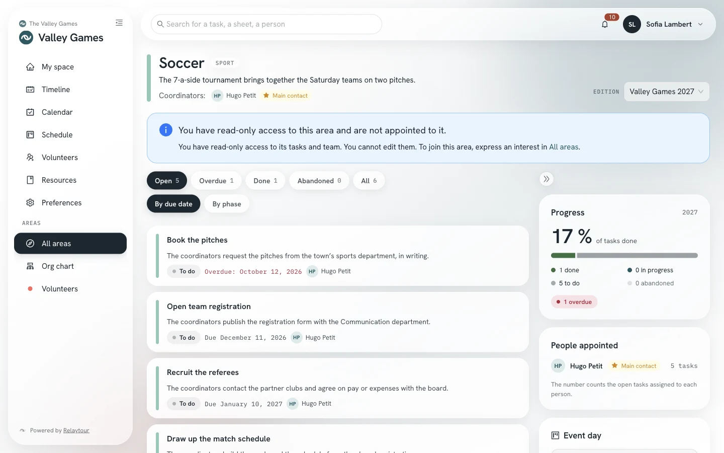 Page of an area in read-only access: an information banner, the tasks and the appointed people, with no sheet or action.