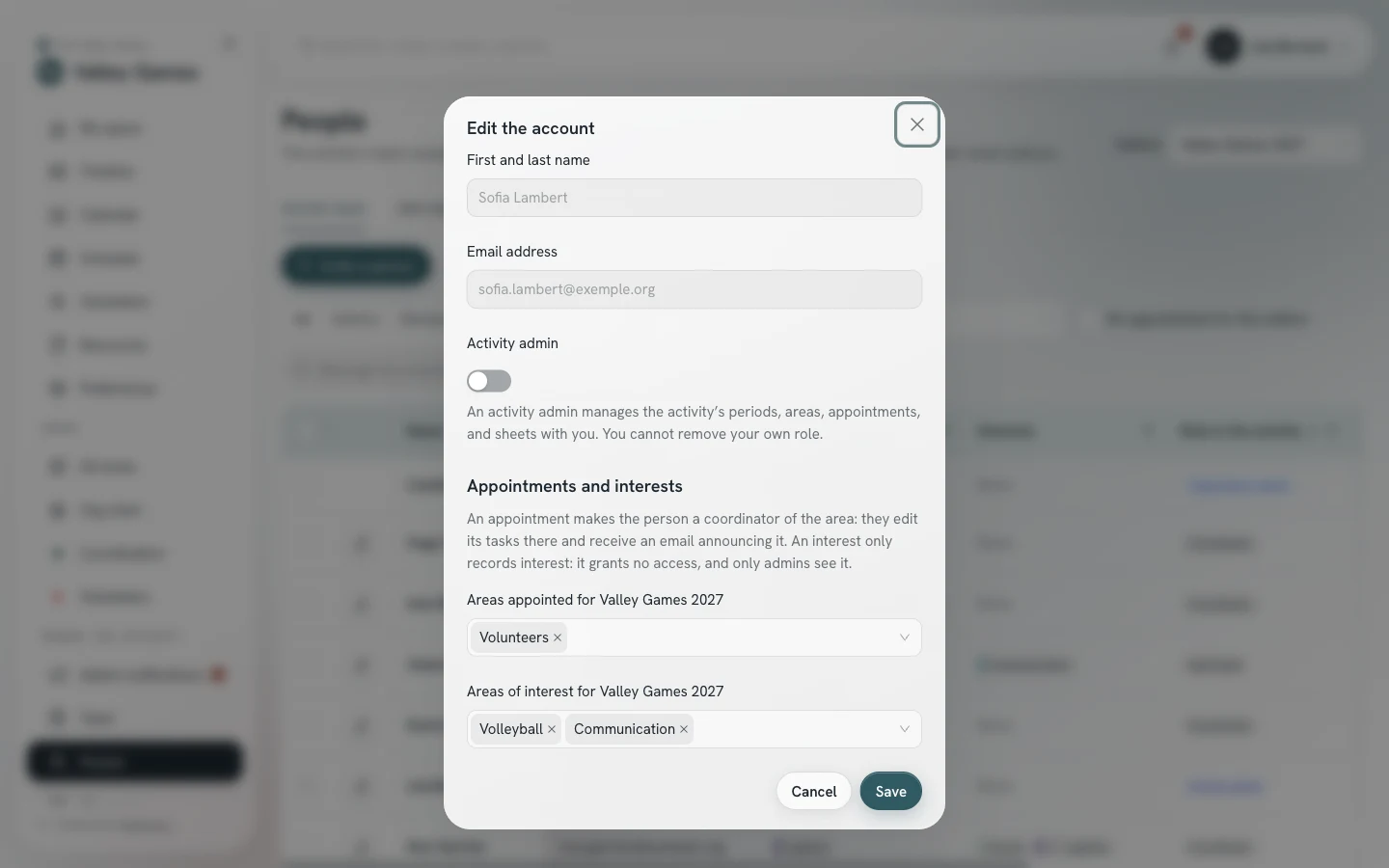 Edit the account window: the read-only name and address, the activity admin role, the appointed areas, and the wished-for areas.