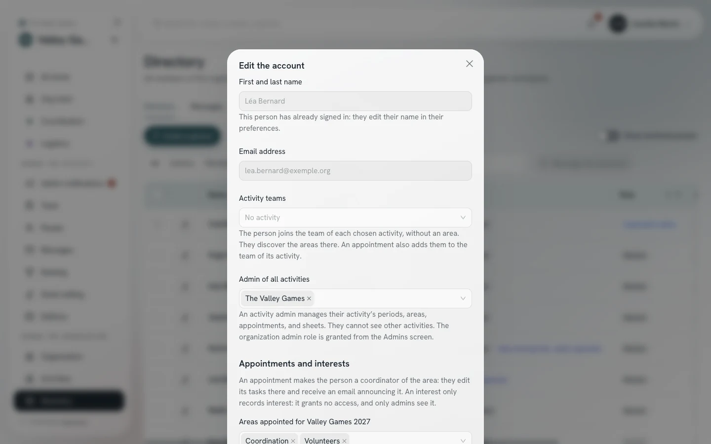Edit the account window: the name, the email address, the administered activities, the appointed areas and the areas of interest.
