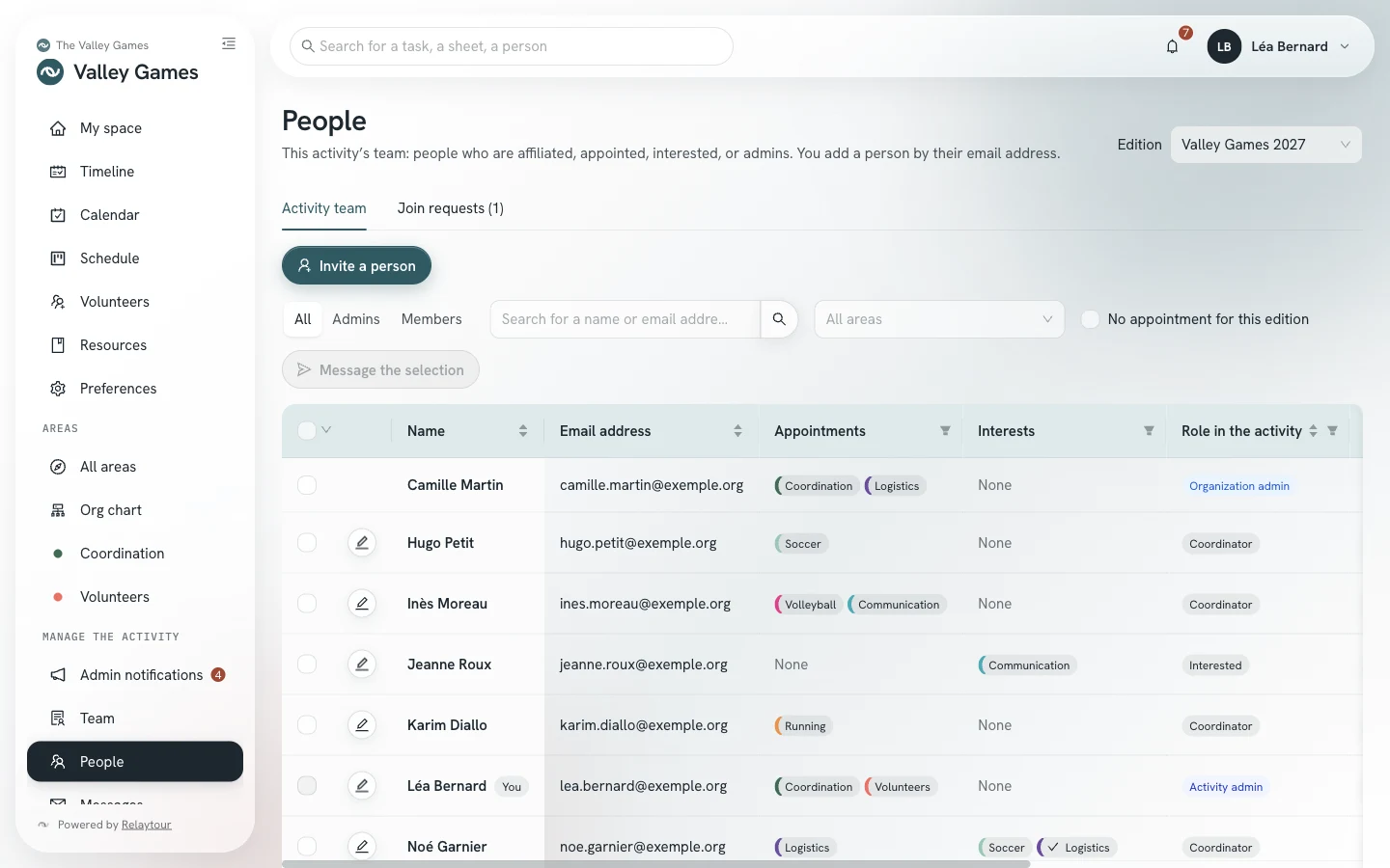 People screen, Activity team tab: the filters, then the name, the address, the appointments, the interests, and the role of each person.