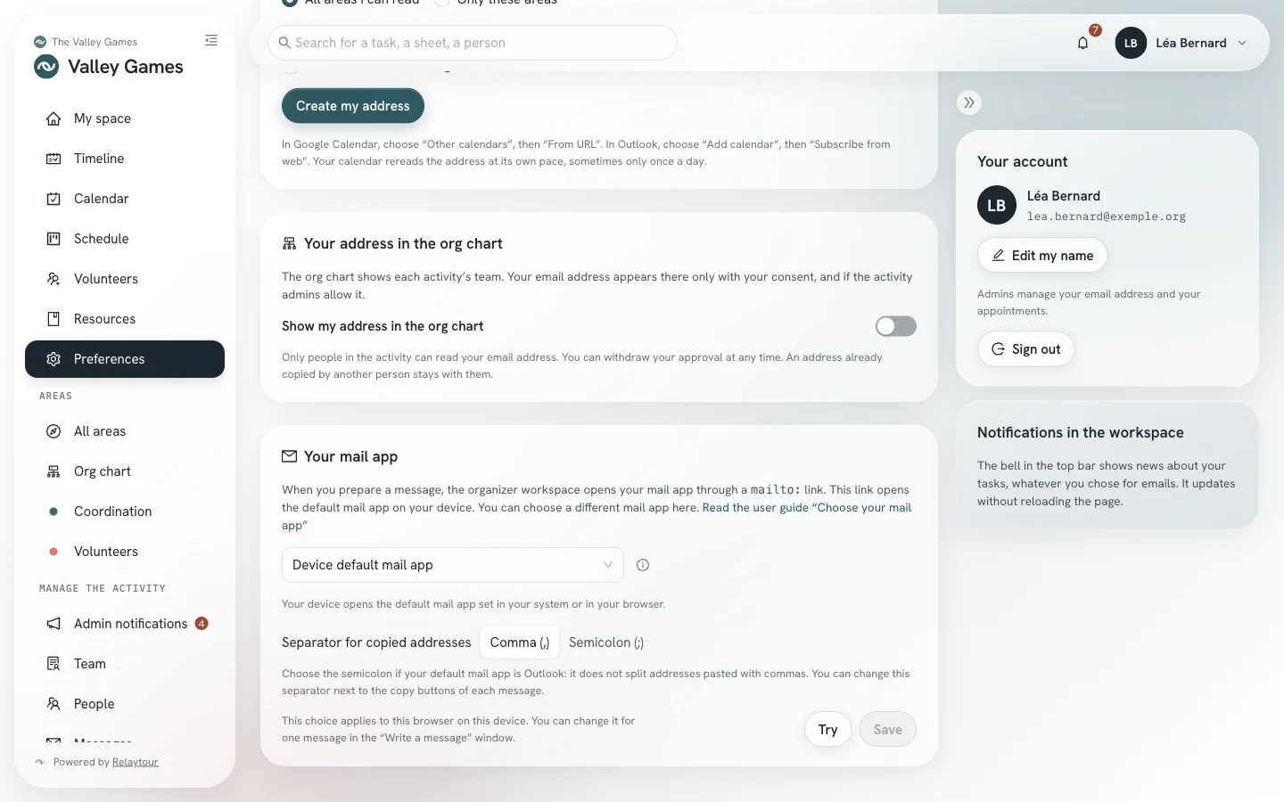 An admin’s Preferences screen: the Your mail app panel, with the selector, the Try button and the Save button.